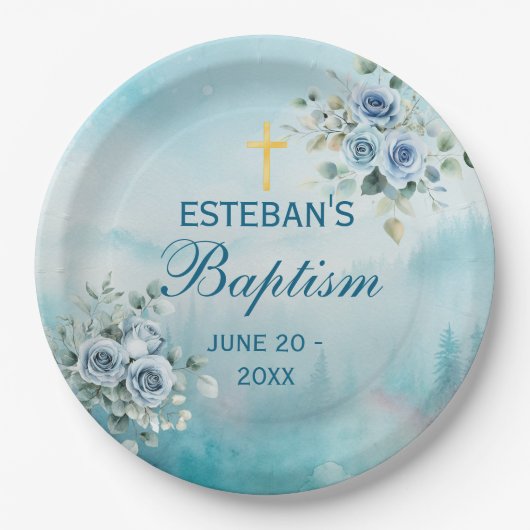 Dusty Blue Floral Rose Papieren Bordje (Voorkant)