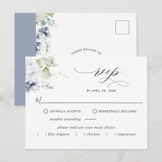 Dusty Blue Floral RSVP Briefkaart zonder maaltijde (Voorkant / Achterkant)