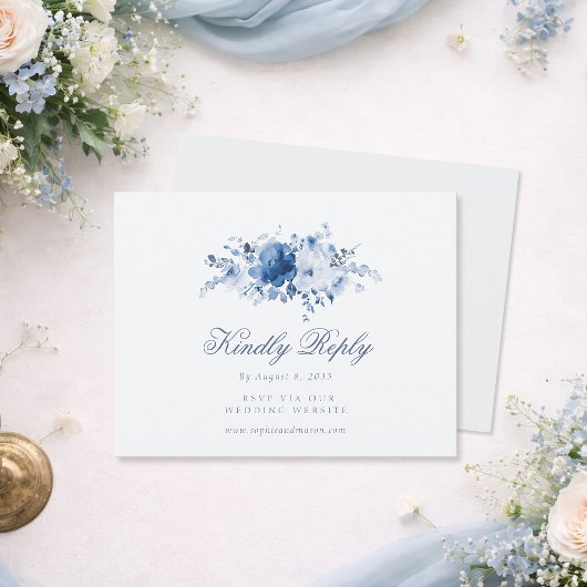 Dusty Blue Floral RSVP Card Kaartje