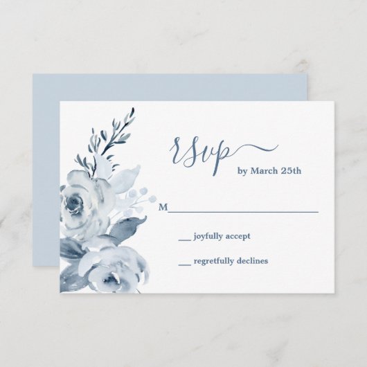 Dusty Blue Floral RSVP-kaart RSVP Kaartje (Voorkant / Achterkant)