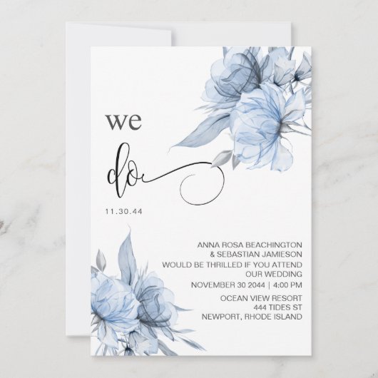 *~* Dusty Blue Floral RSVP - QR AR15 Roos WEDDING Kaart (Voorkant)