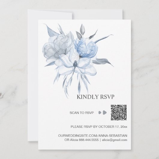 *~* Dusty Blue Floral RSVP - QR Roos AR15 WEDDING Kaart (Achterkant)