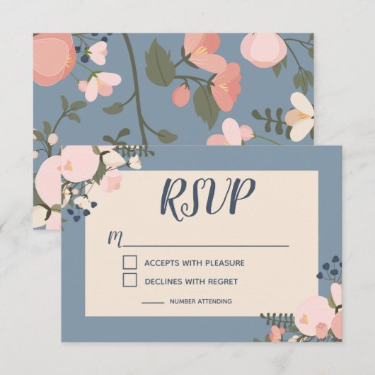 Dusty Blue Floral RSVP uitnodiging (Voorkant / Achterkant)
