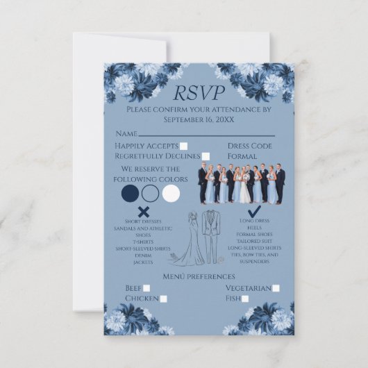 Dusty Blue Floral RSVP with Menu and Dress Code (Voorkant)