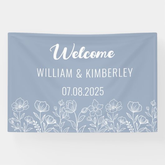 Dusty Blue Floral Rustic Simple Modern Wedding Spandoek (Horizontaal)