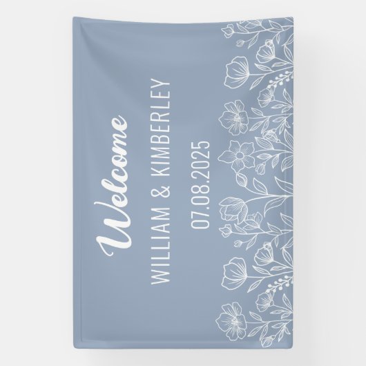 Dusty Blue Floral Rustic Simple Modern Wedding Spandoek (Verticaal)
