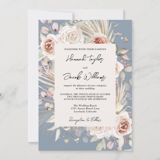Dusty Blue Floral Rustic Wedding Kaart (Voorkant)