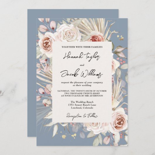 Dusty Blue Floral Rustic Wedding Kaart (Voorkant / Achterkant)