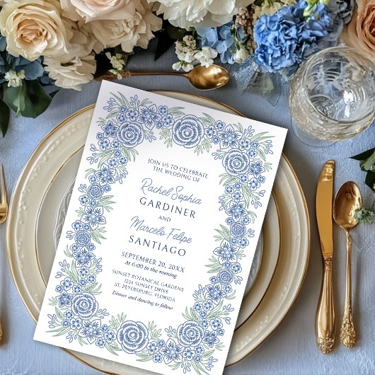 Dusty Blue Floral Rustic Wedding Kaart
