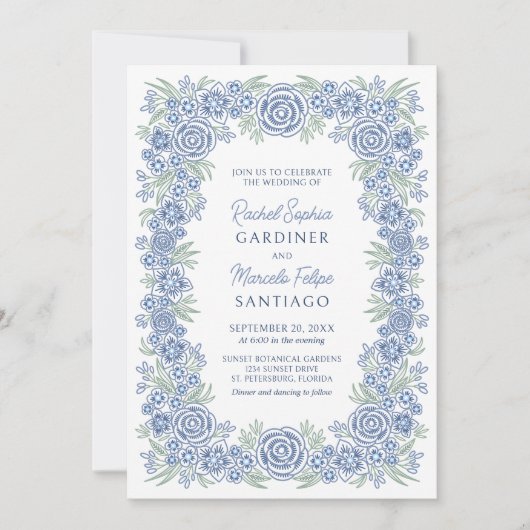 Dusty Blue Floral Rustic Wedding Kaart (Voorkant)