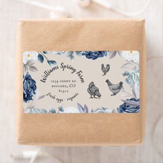 Dusty Blue Floral Rustiek Script Eend Ei Karton Etiket (Insitu)