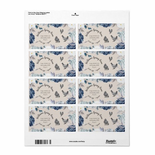 Dusty Blue Floral Rustiek Script Eend Ei Karton Etiket (Full Sheet)