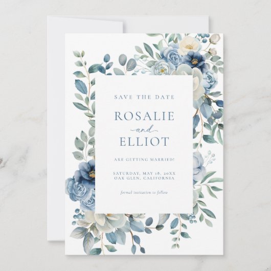 Dusty Blue Floral Save the Date Boho Bewaar de dat Kaart (Voorkant)