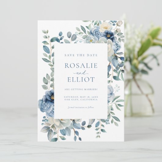 Dusty Blue Floral Save the Date Boho Bewaar de dat Kaart (Staand voorkant)