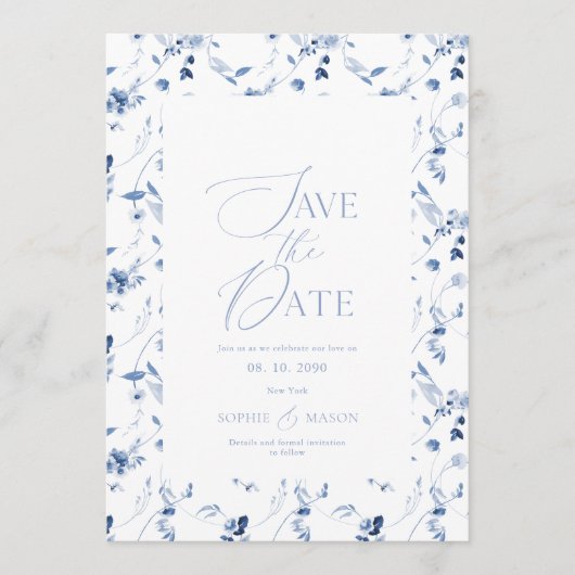 Dusty Blue Floral Save the Date Card Kaart (Voorkant)