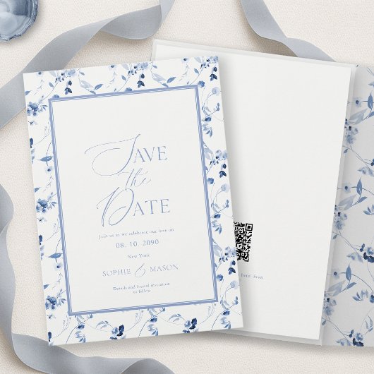 Dusty Blue Floral Save the Date Card Kaart