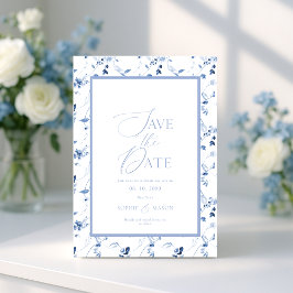 Dusty Blue Floral Save the Date Card Kaart