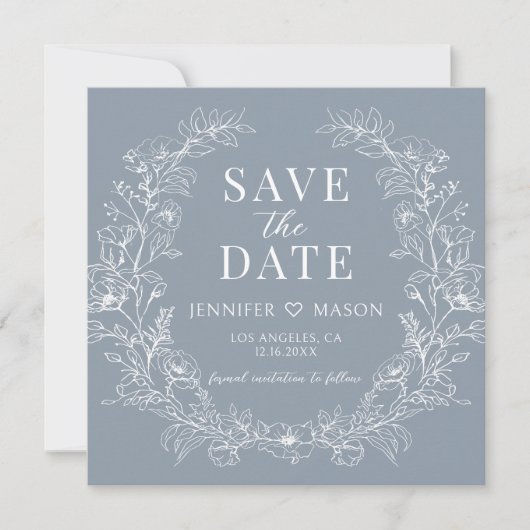 Dusty blue floral Save the Date fotouitnodiging (Voorkant)
