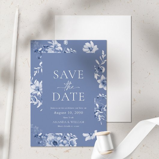 Dusty Blue Floral Save the Date Kaart