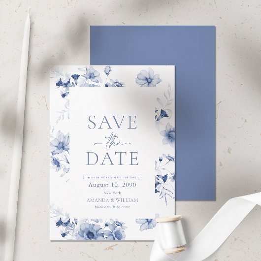 Dusty Blue Floral Save the Date Kaart