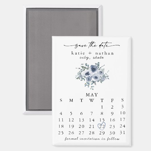 Dusty Blue Floral Save the Date Magnet (Voorkant / Achterkant)