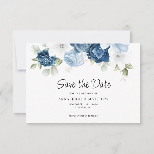 Dusty Blue Floral Save the Date Notice Notitiekaartje (Voorkant)