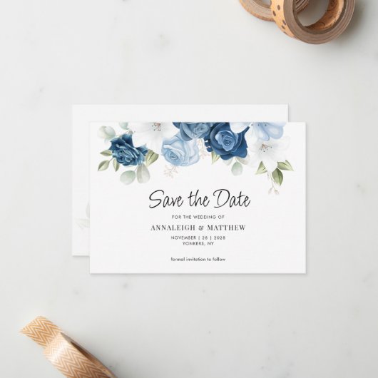 Dusty Blue Floral Save the Date Notice Notitiekaartje (Voorkant / Achterkant in situ)
