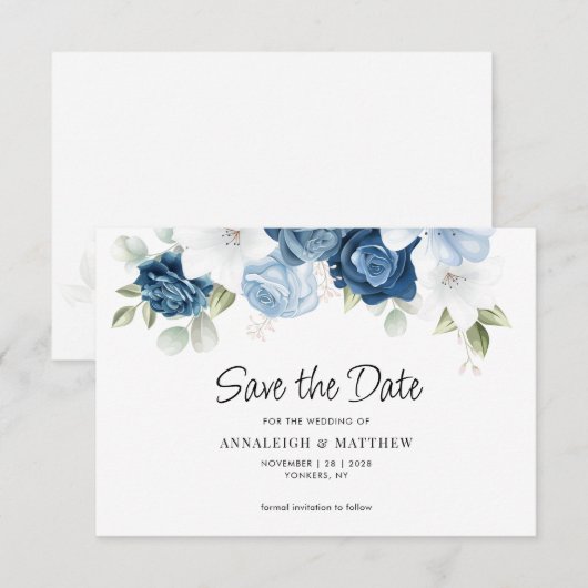Dusty Blue Floral Save the Date Notice Notitiekaartje (Voorkant / Achterkant)