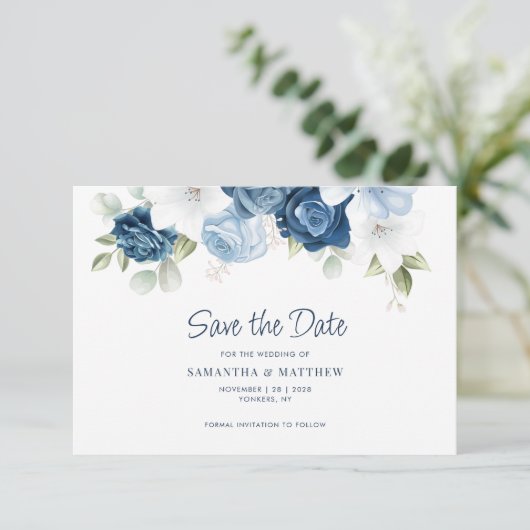 Dusty Blue Floral Save the Date QR Code (Staand voorkant)