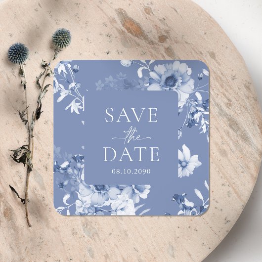Dusty Blue Floral "Save the Date" Sticker