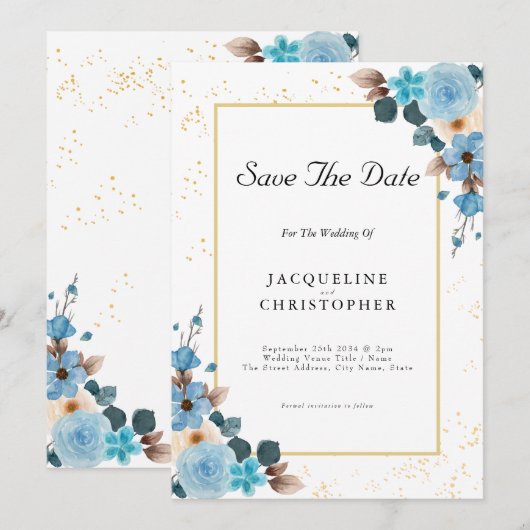 Dusty Blue Floral Save the Date Weddenation Kaart (Voorkant / Achterkant)