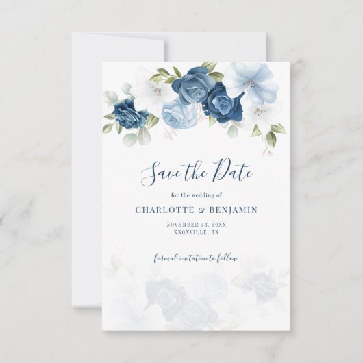 Dusty Blue Floral Script Botanische bruiloft Save The Date (Voorkant)