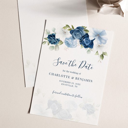 Dusty Blue Floral Script Botanische bruiloft Save The Date