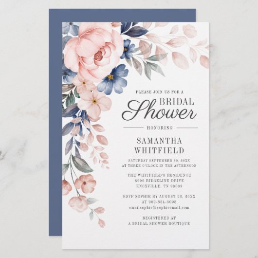 Dusty Blue Floral Script Bridal Shower Invitation Briefpapier (Voorkant / Achterkant)