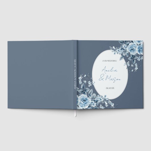 Dusty Blue Floral Script Elegant Wedding Gastenboek (Volledig)