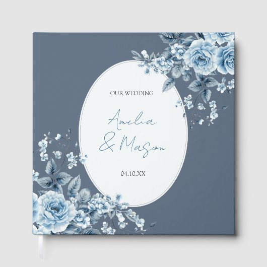 Dusty Blue Floral Script Elegant Wedding  Gastenboek (Voorkant)