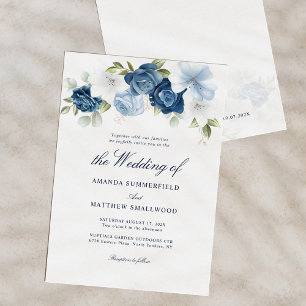 Dusty Blue Floral Script Elegant Wedding Kaart