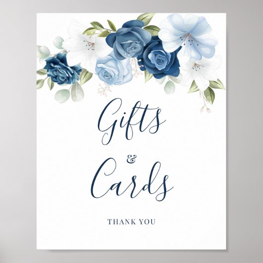 Dusty Blue Floral Script Gifts and Kaart Wedding Poster (Voorkant)