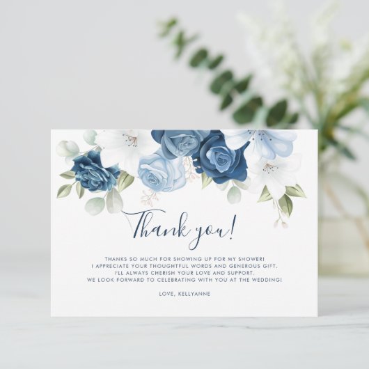 Dusty Blue Floral Script Handgeschreven bruiloft Bedankkaart (Staand voorkant)
