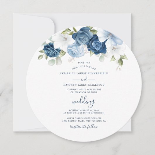 Dusty Blue Floral Script Modern Wedding Kaart (Voorkant)