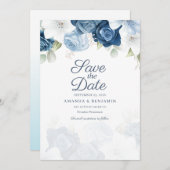 Dusty Blue Floral Script Waterverf Bloom Wedding Save The Date (Voorkant / Achterkant)