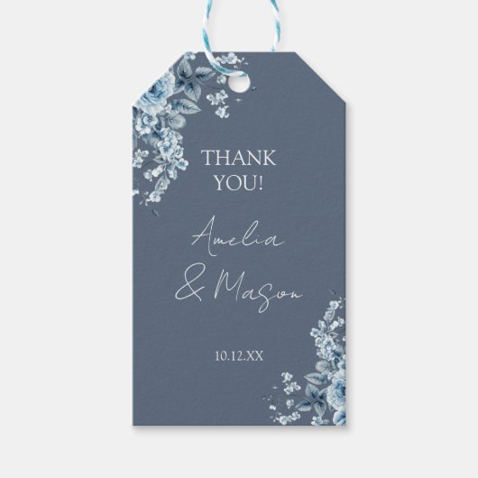 Dusty Blue Floral Script Wedding Cadeaulabel (Voorkant)