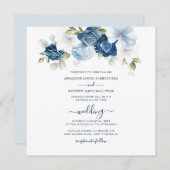 Dusty Blue Floral Script Wedding Kaart (Voorkant / Achterkant)