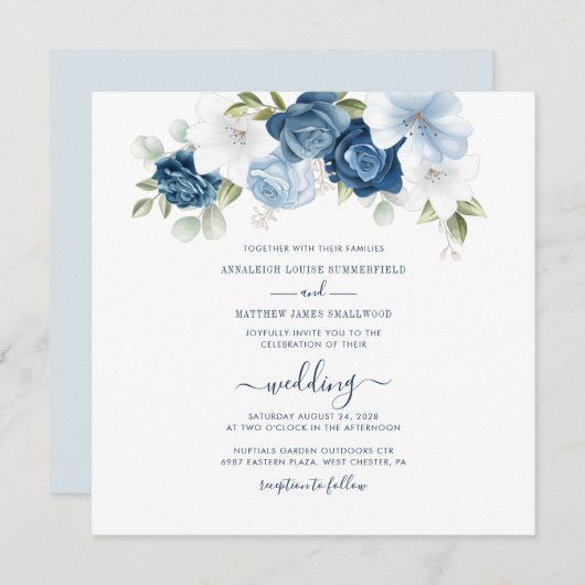 Dusty Blue Floral Script Wedding Kaart (Voorkant / Achterkant)