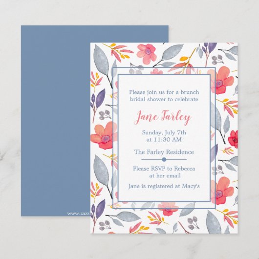 Dusty Blue Floral Shower Kaart (Voorkant / Achterkant)