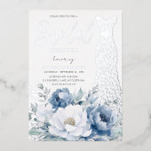 Dusty Blue Floral Silver Foil Jurk Vrijgezellenfee Folie Uitnodiging (Voorkant)