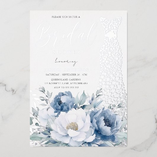 Dusty Blue Floral Silver Foil Jurk Vrijgezellenfee Folie Uitnodiging (Voorkant)