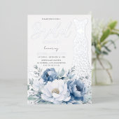 Dusty Blue Floral Silver Foil Jurk Vrijgezellenfee Folie Uitnodiging (Staand Voorkant)