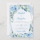 Dusty Blue Floral Silver Geometrisch Lijst Bruilof Kaart (Voorkant)
