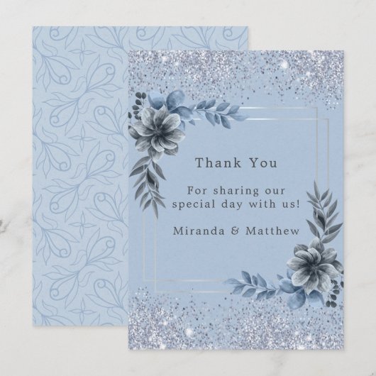 Dusty Blue Floral Silver Glitter Weddenschap Kaart (Voorkant / Achterkant)